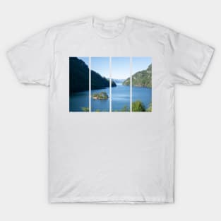 Wonderful landscapes in Norway. Beautiful scenery of a island with a red house on the Lovrafjorden fjord. Mountains with snow in background. Sunny day T-Shirt